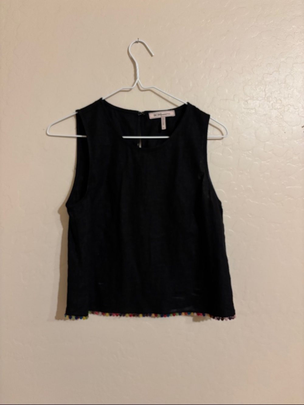 BCBGeneration Black Sleeveless Tank with Multicolor Pom Hem
